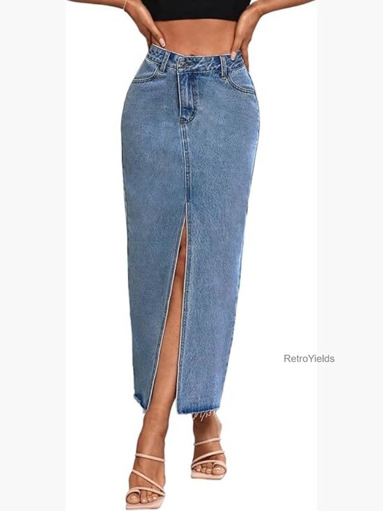 Dresses & Skirts - High Waist Stretch Maxi Denim Skirt Front Split Frayed Raw Hem A Line Casual